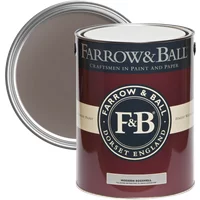 Farrow & Ball Modern Eggshell paint can, London Clay No. 244, deep brown hue, with open lid showing color.