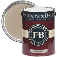 Farrow & Ball Modern Eggshell paint can, London Stone No. 6, maroon label, beige paint, open lid.