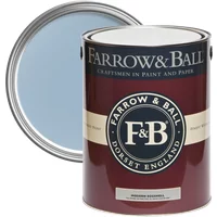 Farrow & Ball Modern Eggshell paint can, Lulworth Blue No. 89, with open lid showing light blue paint.