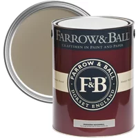 Farrow & Ball Modern Eggshell paint can, Mouse's Back No. 40, maroon label with beige stripe and open lid.