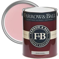 Farrow & Ball paint can, Nancy's Blushes No. 278, pink shade, with open lid showing color.