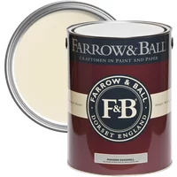 Farrow & Ball Modern Eggshell paint can, maroon label, with lid showing New White No. 59 color.
