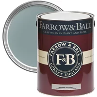 Farrow & Ball Modern Eggshell paint can, Oval Room Blue No. 85, with open lid showing light blue color.