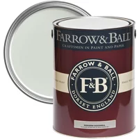 Farrow & Ball Modern Eggshell paint can, Pale Powder No. 204, with dark red label and open lid showing light green paint.
