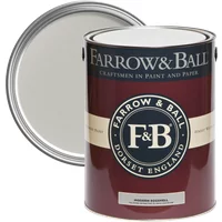 Farrow & Ball Modern Eggshell paint can, Pavilion Gray No. 242, with maroon label and open lid showing light gray paint.