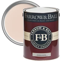 Farrow & Ball Modern Eggshell paint can, Pink Ground No. 202, with open lid showing pale pink color.