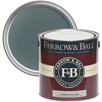 Farrow & Ball paint can, Inchyra Blue No. 289, 5L, with dark teal lid and maroon label.