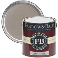 Farrow & Ball Modern Emulsion paint can, Charleston Gray No. 243, with maroon label and open lid showing gray paint.