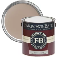 Farrow & Ball paint can, Dead Salmon No. 28, with maroon label and open lid showing muted pinkish-brown color.