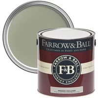 Farrow & Ball paint can, Lichen No. 19, green shade, labeled Modern Emulsion, with open lid showing color.