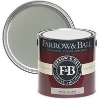 Farrow & Ball paint can, Pigeon No. 25, dark red label, open lid showing muted green color, durable washable emulsion.