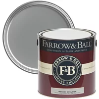 Farrow & Ball Modern Emulsion paint can, Plummett No. 272, with maroon label and open lid showing gray paint.