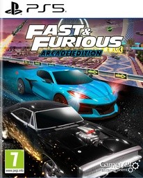 Fast & Furious Arcade for PS5 features a vibrant cover with a blue sports car and a black classic muscle car racing on a dynamic track, showcasing action-packed graphics and bold colors.