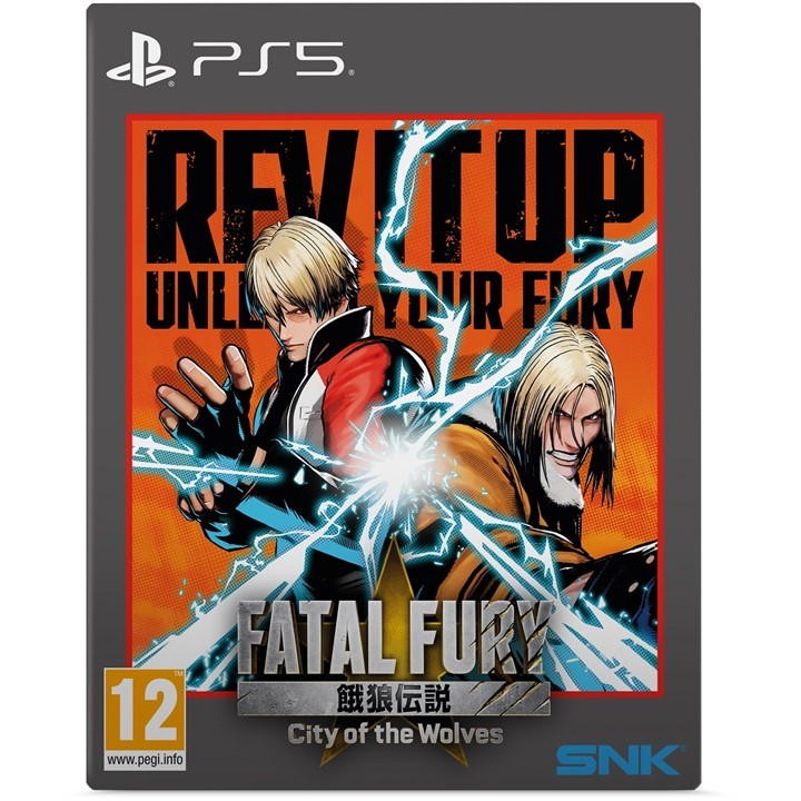 Deluxe edition game case for "FATAL FURY: City of the Wolves" for PS5, featuring vibrant orange cover art with two characters and striking blue lightning effects.