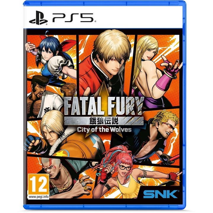 FATAL FURY City of the Wolves Special Edition for PS5 features vibrant artwork of various characters on an orange background, housed in a blue case with the PS5 logo at the top.
