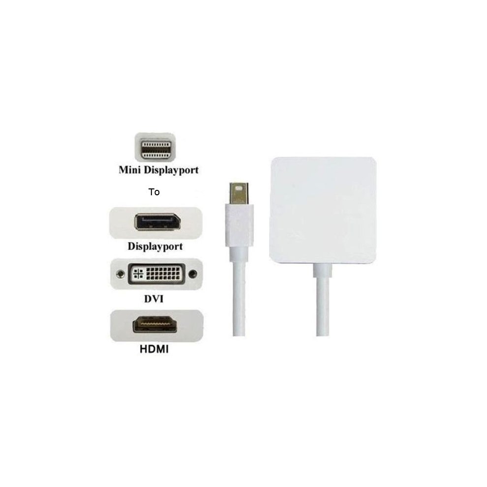White adapter featuring Mini DisplayPort on one end and DisplayPort, HDMI, and DVI ports on the other, with labeled connectors for easy identification.