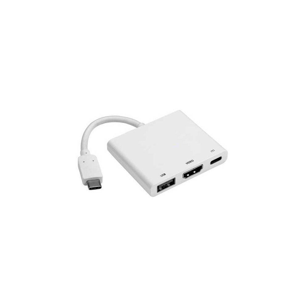 White FDL USB-C to DisplayPort adapter with a short cable, featuring a USB port and a DisplayPort output, designed for power and data transfer.
