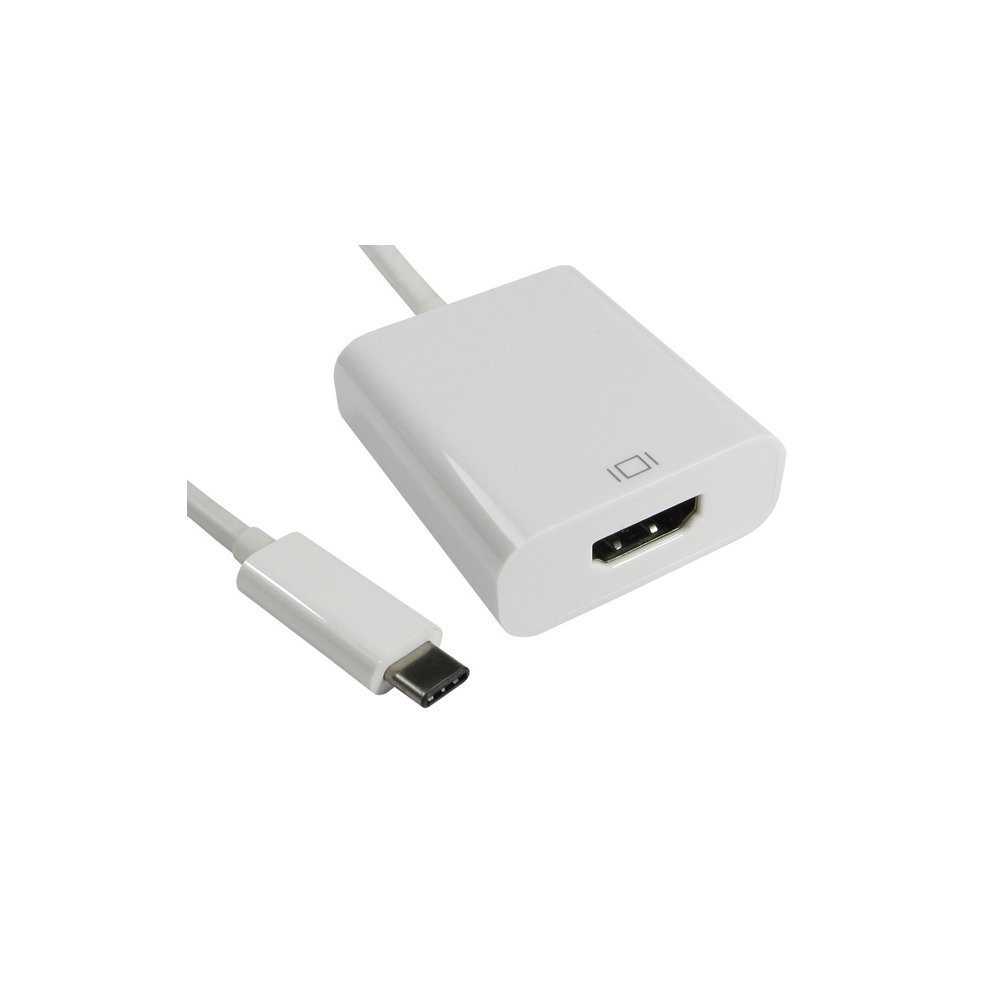 White USB Type C to HDMI adaptor cable with a male connector on one end and a rectangular female HDMI port on the other, featuring a smooth plastic finish.