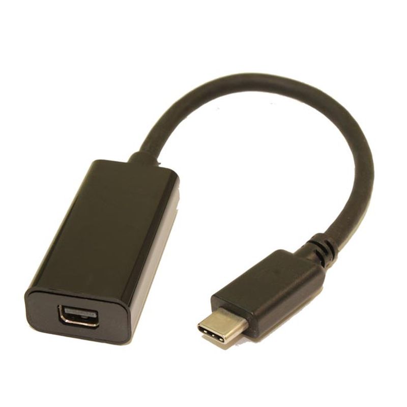Black USB Type C to Mini Display Port adapter with a short flexible cable, featuring a rectangular body and a compact design for easy connectivity.