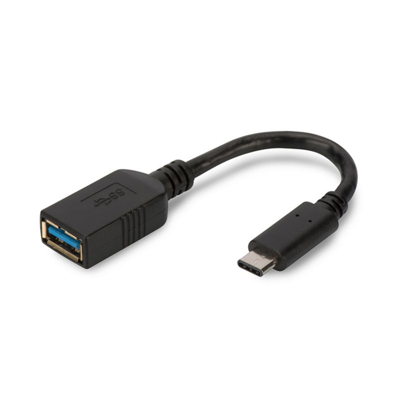 Black USB Type C to USB-A 3.0 adaptor cable, featuring a male Type C connector and a female USB-A port, with a flexible, durable design for easy connectivity.