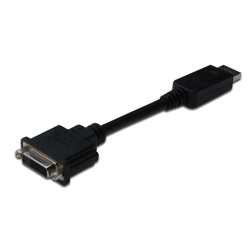 Black 0.2m Display Port to DVI-D adaptor cable with male Display Port connector and male DVI-D connector, featuring a compact design for easy connectivity.