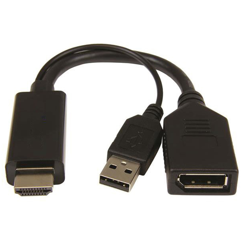 Black 0.2m HDMI to DisplayPort adapter cable with a USB power connector, featuring a compact design and durable material for reliable connectivity.