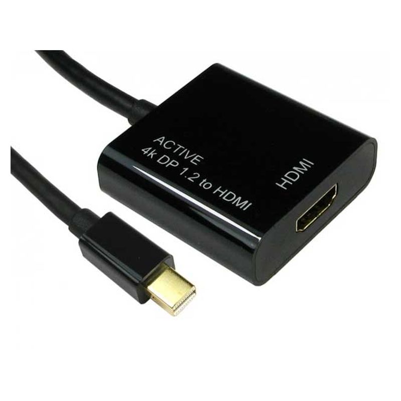Black mini DisplayPort to HDMI adapter with a gold-plated connector, labeled "ACTIVE" and "4K DP 1.2 to HDMI," featuring a short cable for easy connectivity.