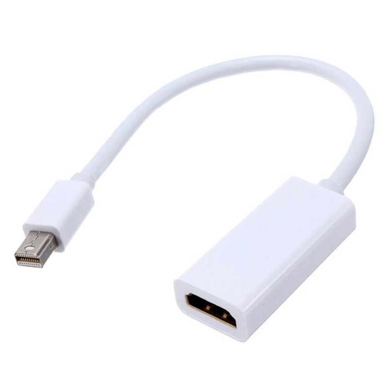 White mini DisplayPort to HDMI adapter with a short cable, featuring a male mini DisplayPort connector on one end and a female HDMI port on the other.