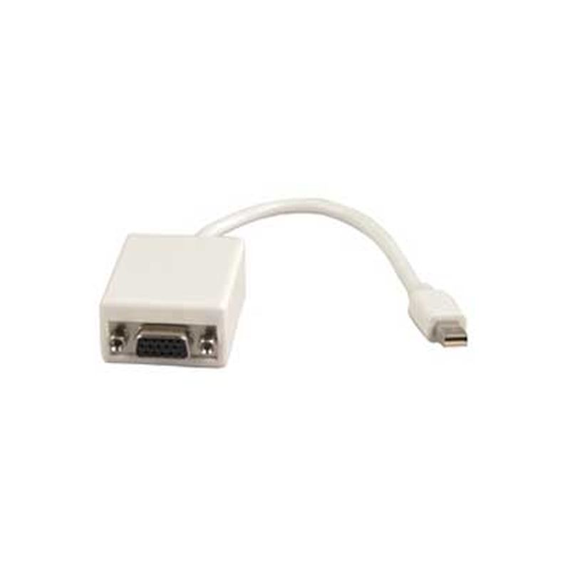 White mini DisplayPort to VGA adapter with a short cable, featuring a male mini DisplayPort connector on one end and a VGA port with screws on the other end.