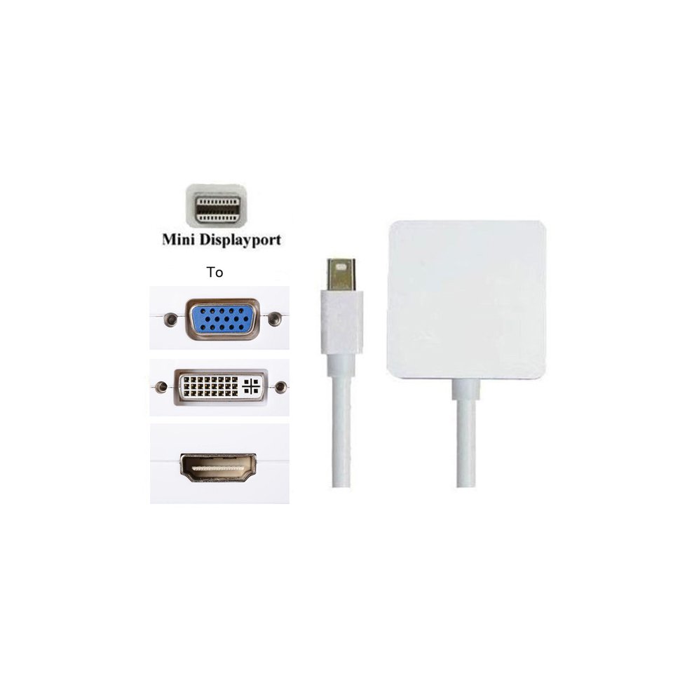White FDL 0.2M Mini DisplayPort to VGA, HDMI, and DVI adapter with a square connector and three output ports, featuring a compact design suitable for various devices.