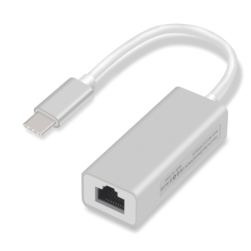 Silver USB Type C to Gigabit Ethernet adapter with a short cable, featuring a rectangular body and an Ethernet port on one end.