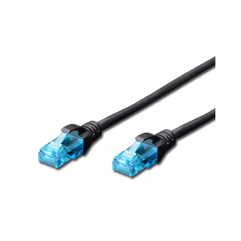 Black 0.5-meter CAT.5e UTP patch cable featuring transparent blue connectors on both ends, designed for reliable network connections.
