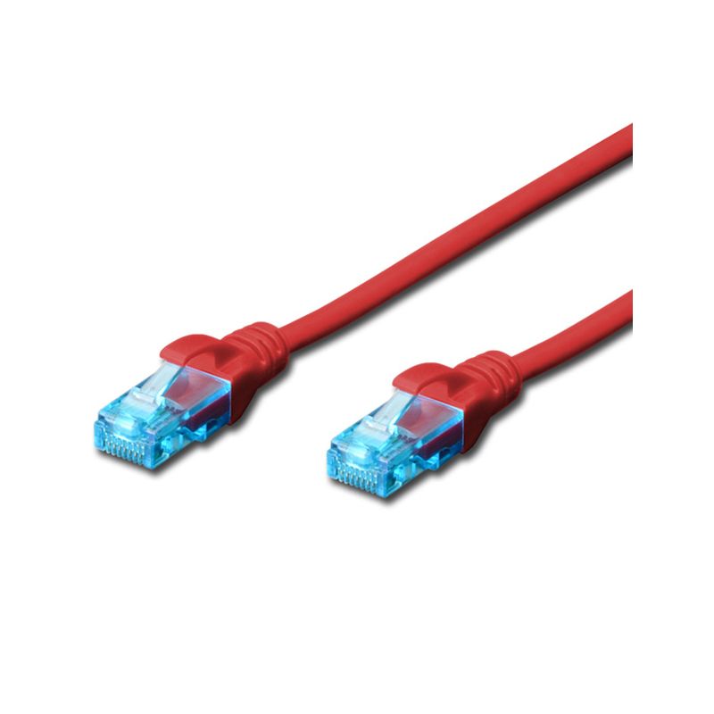 Red 0.5M CAT.5e UTP patch cable featuring clear blue connectors on both ends, designed for network connectivity.