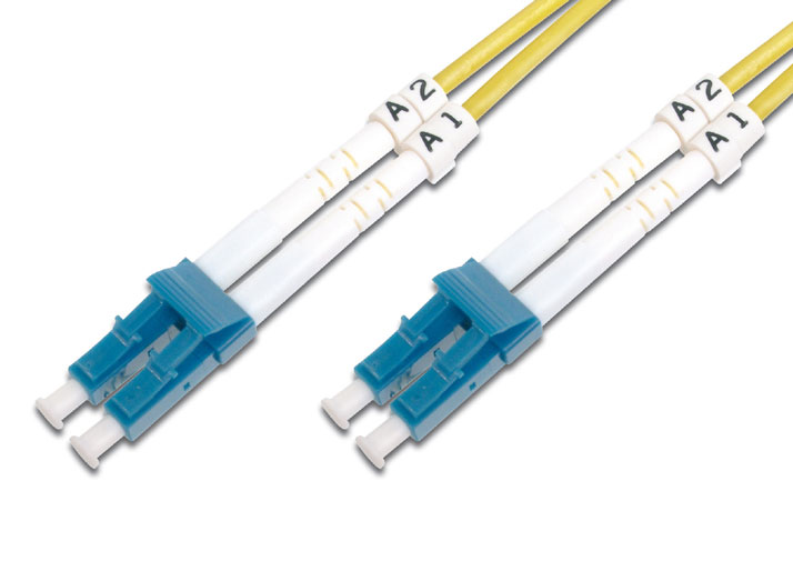 Yellow 2.8mm fibre optic cable with LC-LC connectors, featuring white labeling on the connectors for identification and a durable design for high-performance data transmission.
