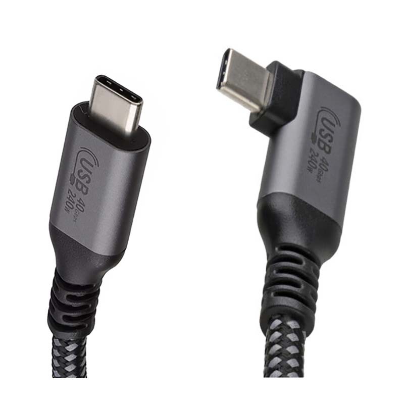 Black braided USB 4.0 cable measuring 1.5m, featuring a straight USB-C connector and a right-angle USB-C connector, supports 40Gbps data transfer and 240W power delivery.