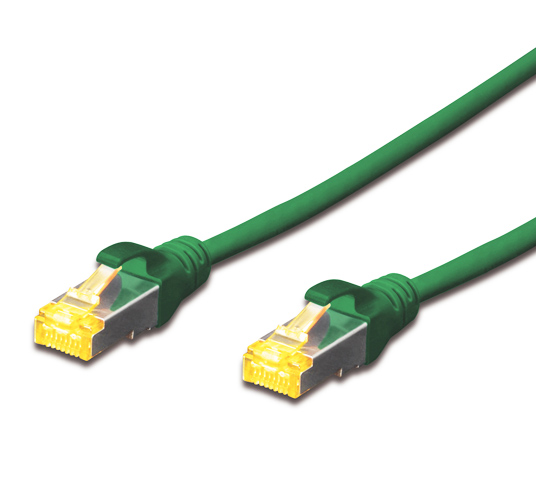 Green FDL 10M CAT.6a 10Gb S-FTP LSZH patch cable with two transparent connectors featuring yellow clips on each end.