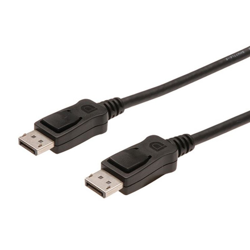 Black 10m DisplayPort V1.4 connection cable with male connectors on both ends, featuring a sturdy plastic casing and a secure locking mechanism.