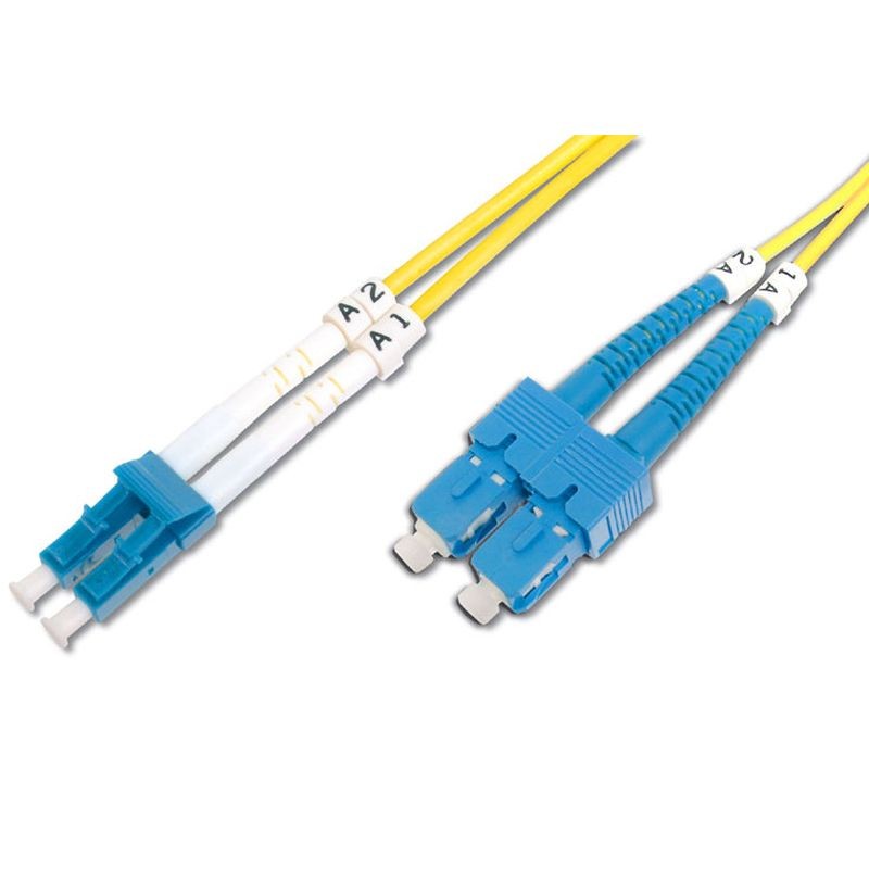 Yellow singlemode fibre optic cable with LC and SC connectors; features two blue connectors on one end and a single blue connector on the other, designed for high-speed data transmission.