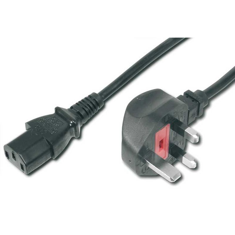 Black 10m UK mains cable featuring a UK plug with three prongs and an IEC C13 socket connector, designed for electrical appliances.