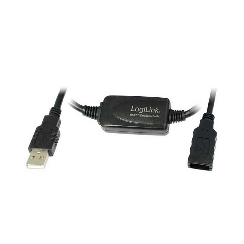 Black USB 2.0 repeater extension cable, 10 meters long, featuring a male USB connector on one end and a female USB connector on the other, with a small black plastic housing.