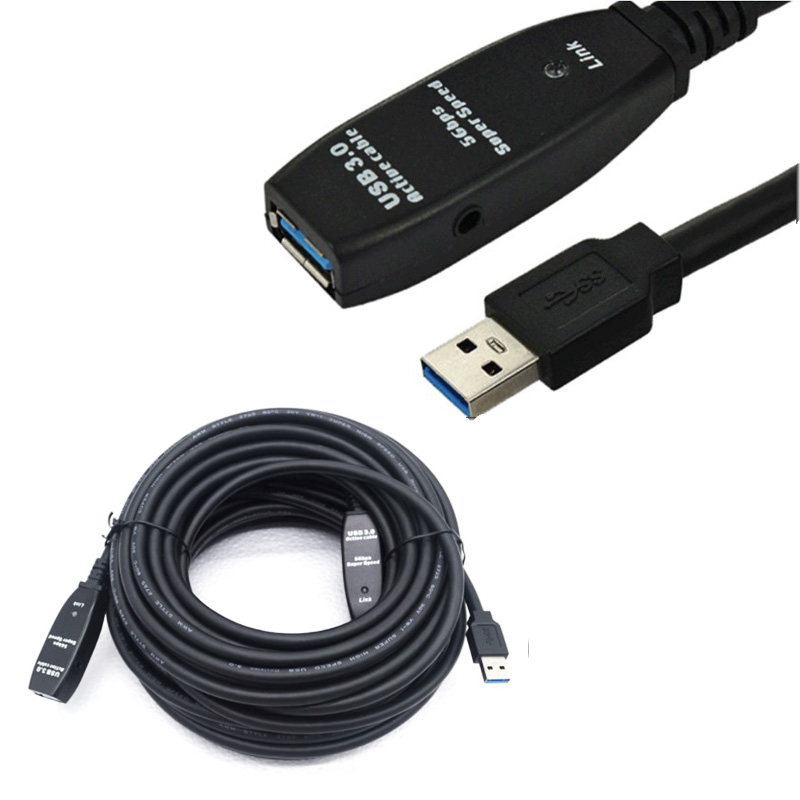 Black 10m USB 3.0 A to A extension cable with active repeater, featuring a sturdy design and connectors at both ends, ideal for extending USB connections.