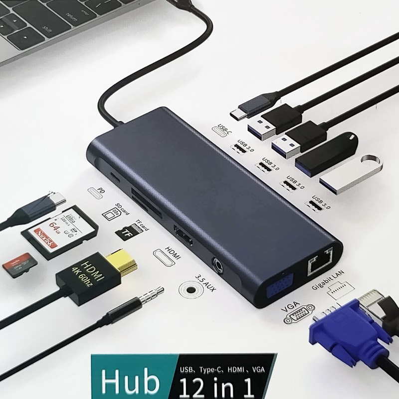 Compact dark blue 12-in-1 USB-C hub featuring HDMI, VGA, RJ45, four USB-A ports, two USB-C ports, a 3.5mm audio jack, and an SD card slot, with various cables connected.