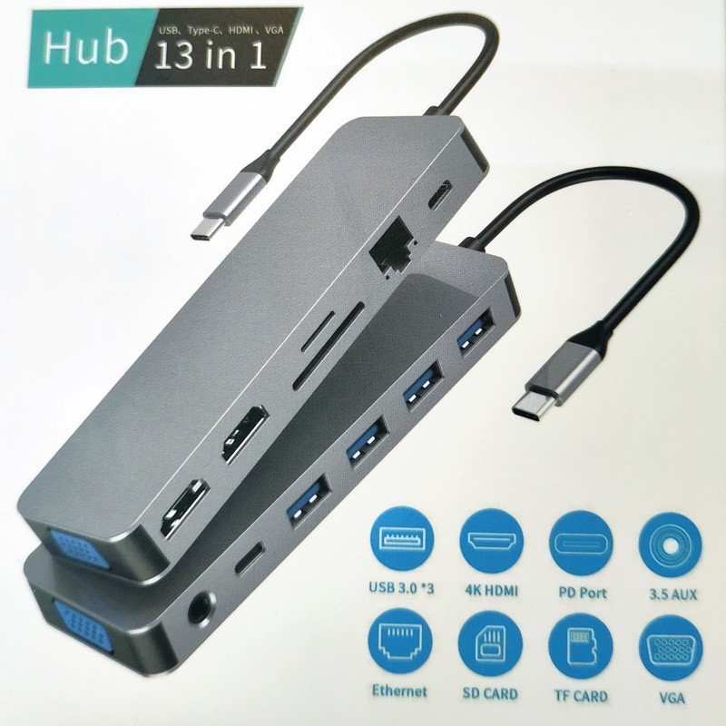 Silver multi-port hub featuring 13 connections: HDMI, VGA, RJ45, USB-A, USB-C, 3.5mm audio, and SD card slots, with a sleek, modern design and two attached cables.