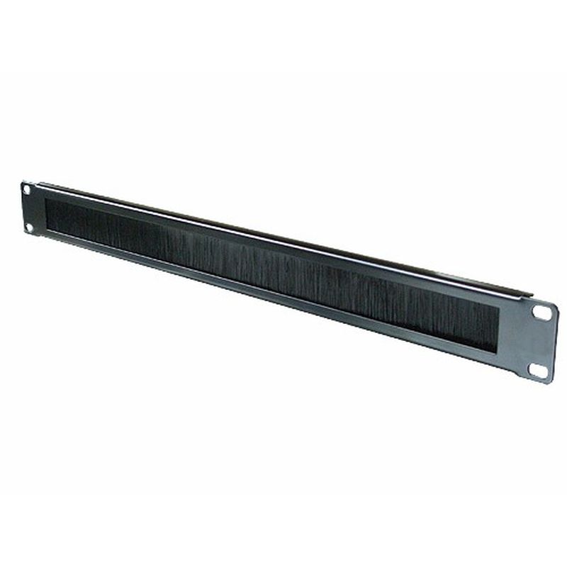 19-inch black rack mounting brush strip panel, 1U height, featuring a metal frame with a dense brush strip for cable management and dust prevention.