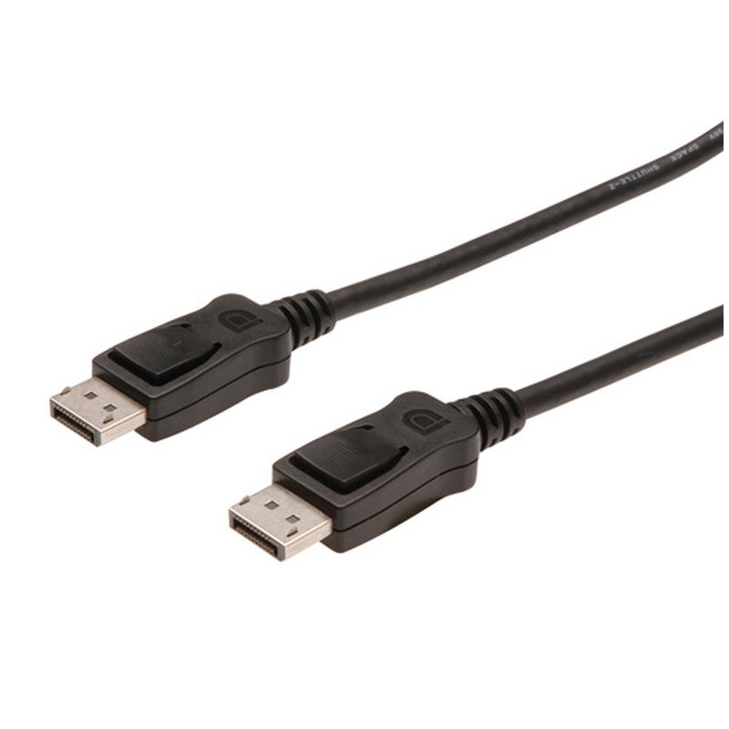 Black DisplayPort cable with male connectors on both ends, featuring a sturdy design and clear labeling on the connectors, suitable for high-definition audio and video transmission.