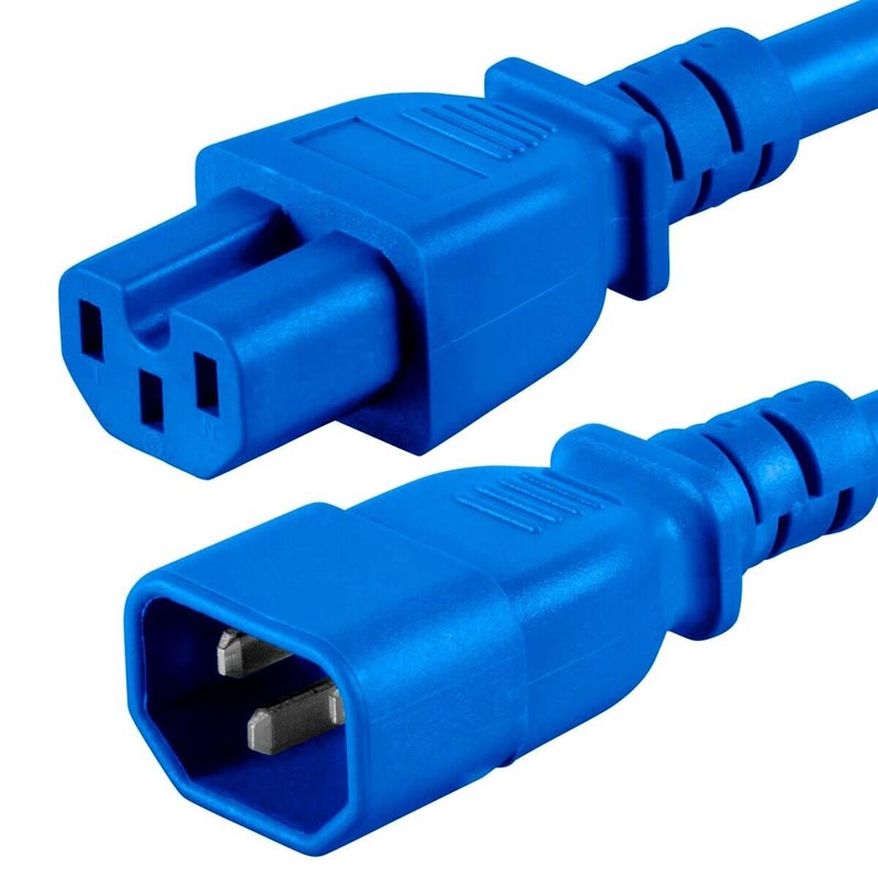 Blue 1m IEC mains extension cable featuring a C14 plug on one end and a C15 socket on the other, made of durable plastic with a smooth finish.