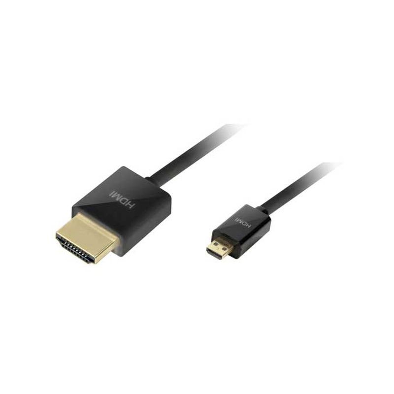 Black micro HDMI to HDMI A cable with gold-plated connectors, featuring a sturdy design ideal for connecting devices like cameras to TVs or monitors.