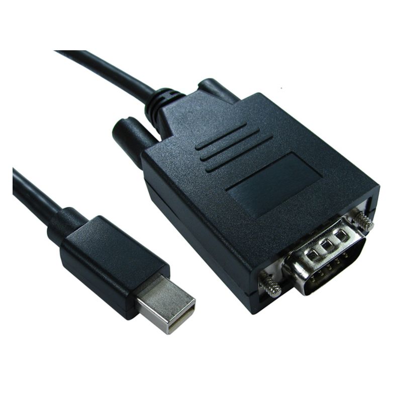 Black mini DisplayPort to VGA adaptor cable with a rectangular VGA connector on one end and a mini DisplayPort connector on the other, featuring a durable plastic casing.