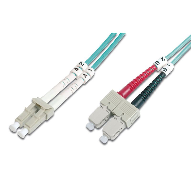 Aqua-colored 2.8mm fiber optic cable featuring LC and SC connectors, with labeled strands in white, red, and black for easy identification.