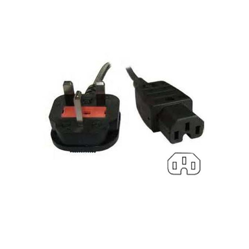 UK mains cable featuring a black IEC C15 (hot) socket on one end and a standard UK plug with red and black components on the other, designed for electrical connections.